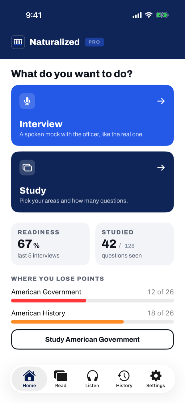 Naturalized home screen: Interview or Study, your readiness score, and how many questions you have seen